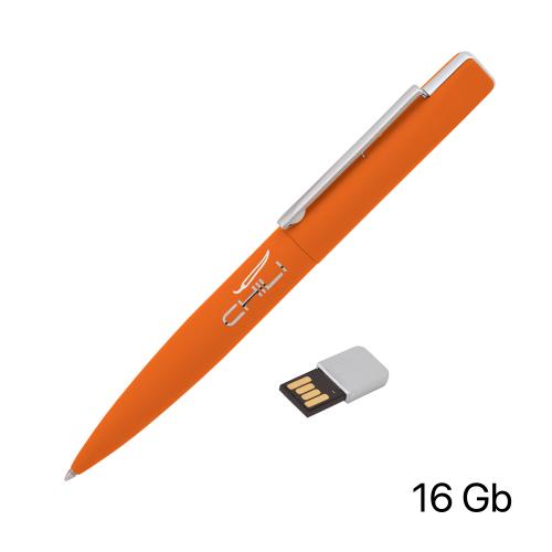 Ручка шариковая "Callisto" с флеш-картой 16Gb, оранжевый, покрытие soft touch